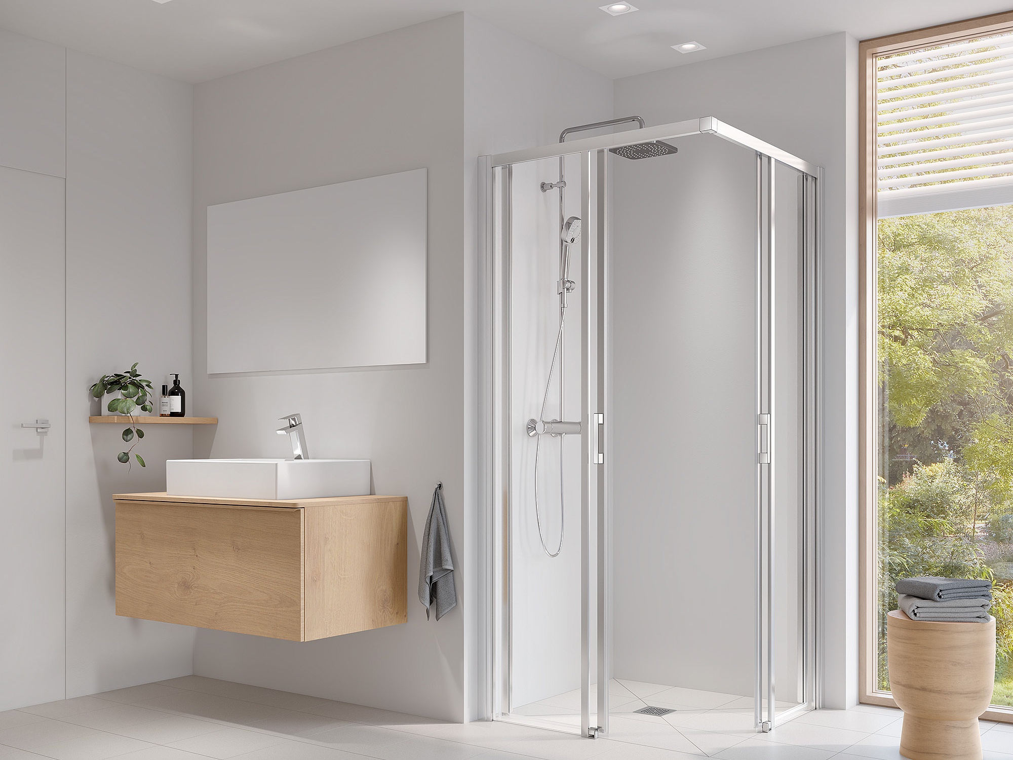 Kermi Profil-Duschkabine LIGA Eckeinstieg 2-teilig (Pendel-Falttüren) - Halbteil geöffnet