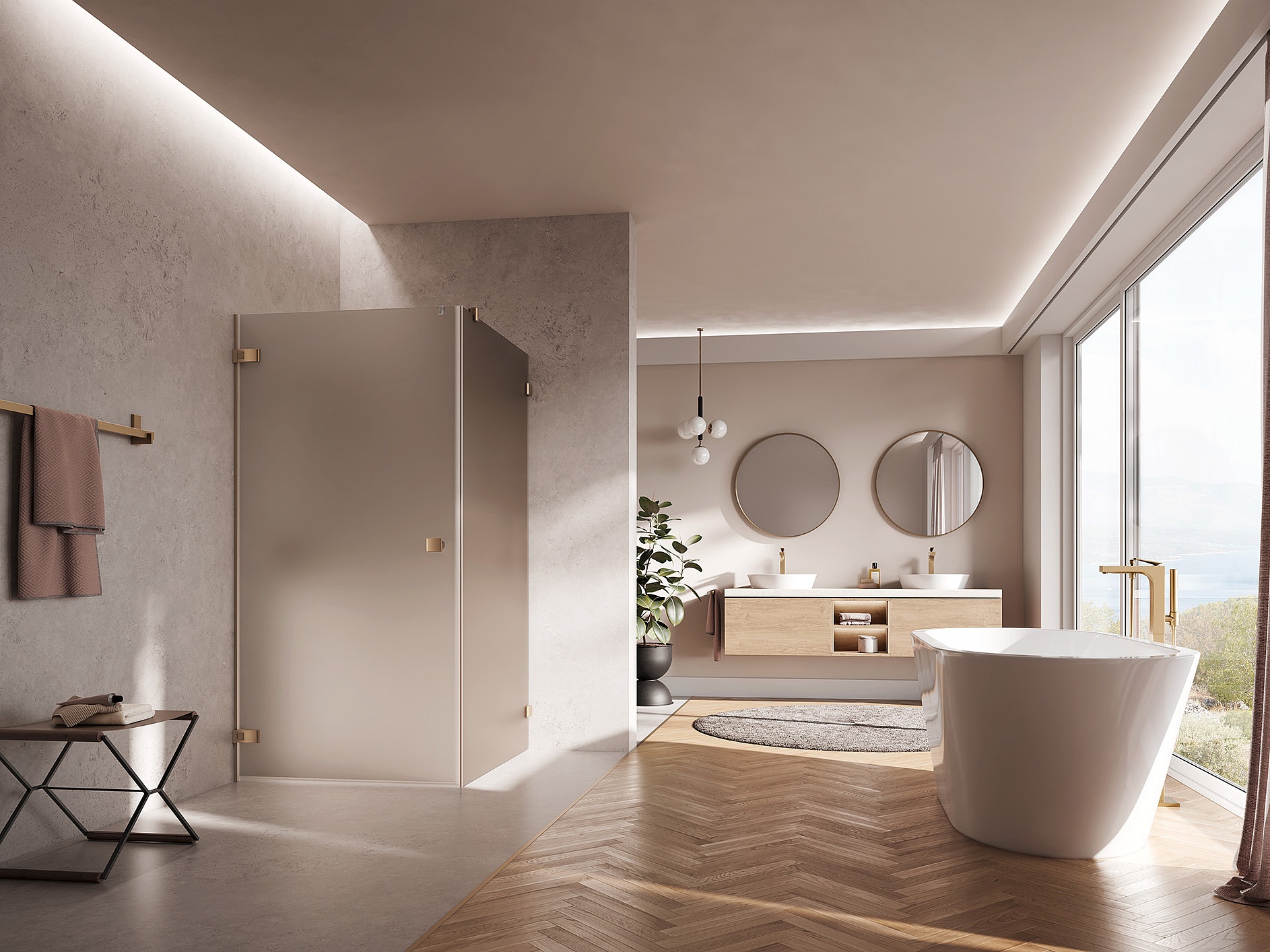 Kermi beslagdouchescherm MENA draaideur naar binnen en buiten te openen met vast segment met muurbeslag in Brushed Bronze en getint glas brons mat via EXTRA