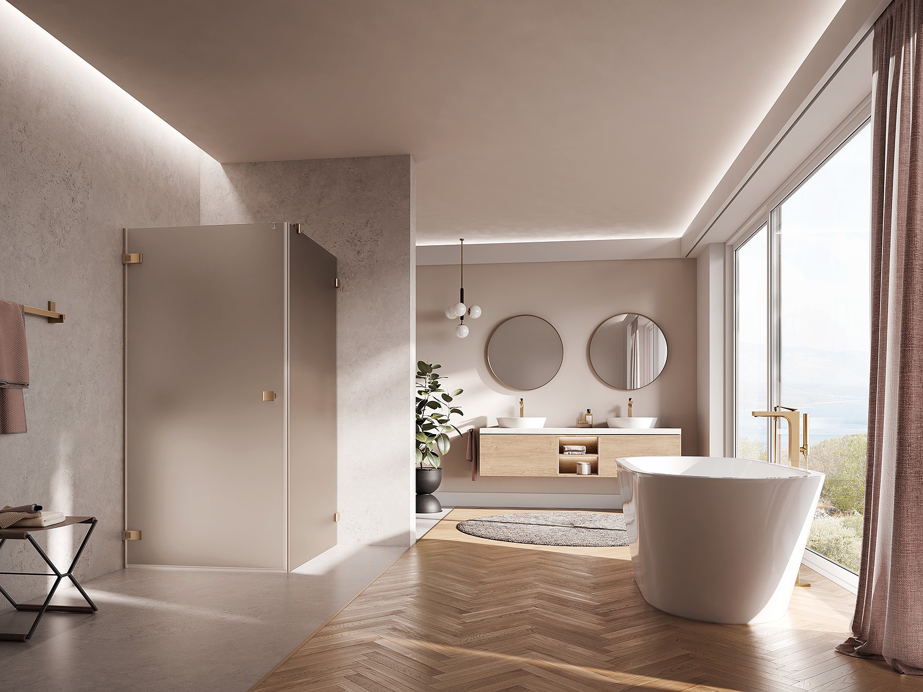 Paroi de douche à charnières Kermi avec porte pivotante MENA à 1 battant avec élément fixe et charnière murale en Brushed Bronze et verre teinté Bronze mat par EXTRA