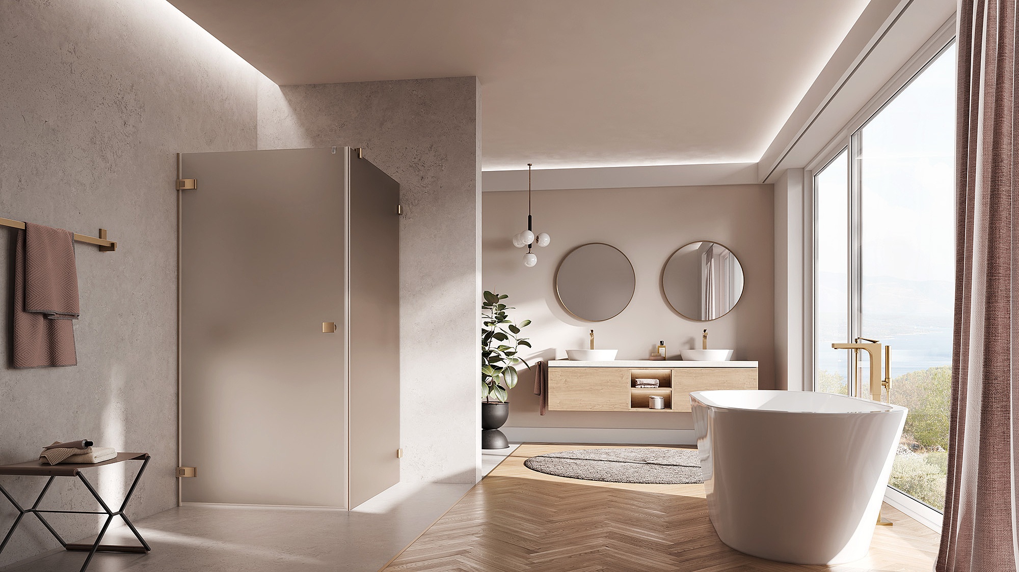 Paroi de douche à charnières Kermi avec porte pivotante MENA à 1 battant avec élément fixe et charnière murale en Brushed Bronze et verre teinté Bronze mat par EXTRA