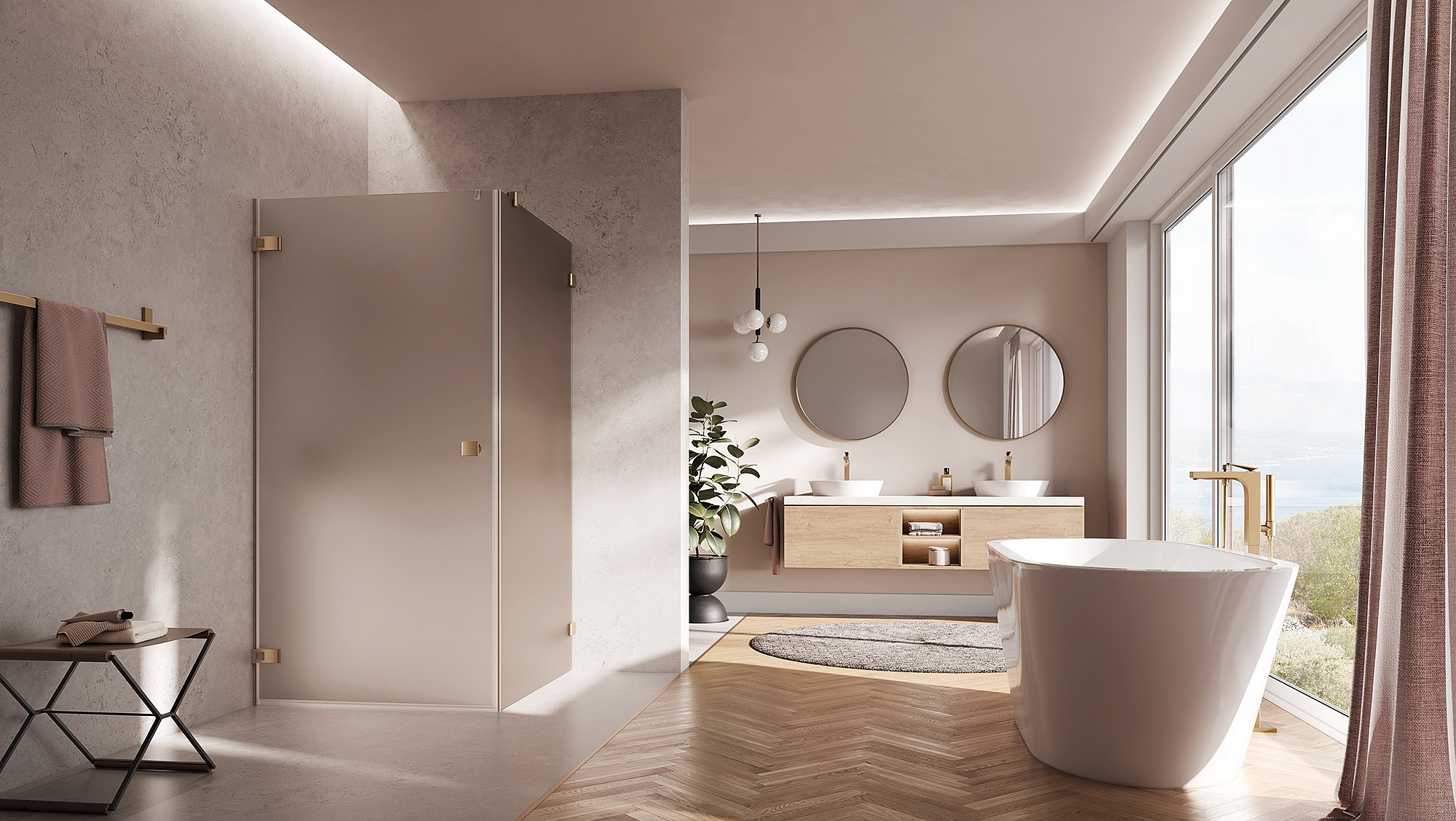 Paroi de douche à charnières Kermi avec porte pivotante MENA à 1 battant avec élément fixe et charnière murale en Brushed Bronze et verre teinté Bronze mat par EXTRA