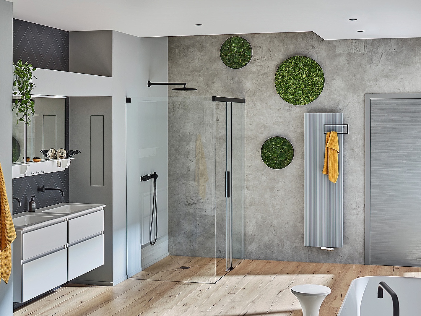 Paroi de douche à profilé Kermi avec porte coulissante NICA en 2 parties avec surface au sol libre et élément fixe sans profilé mural 