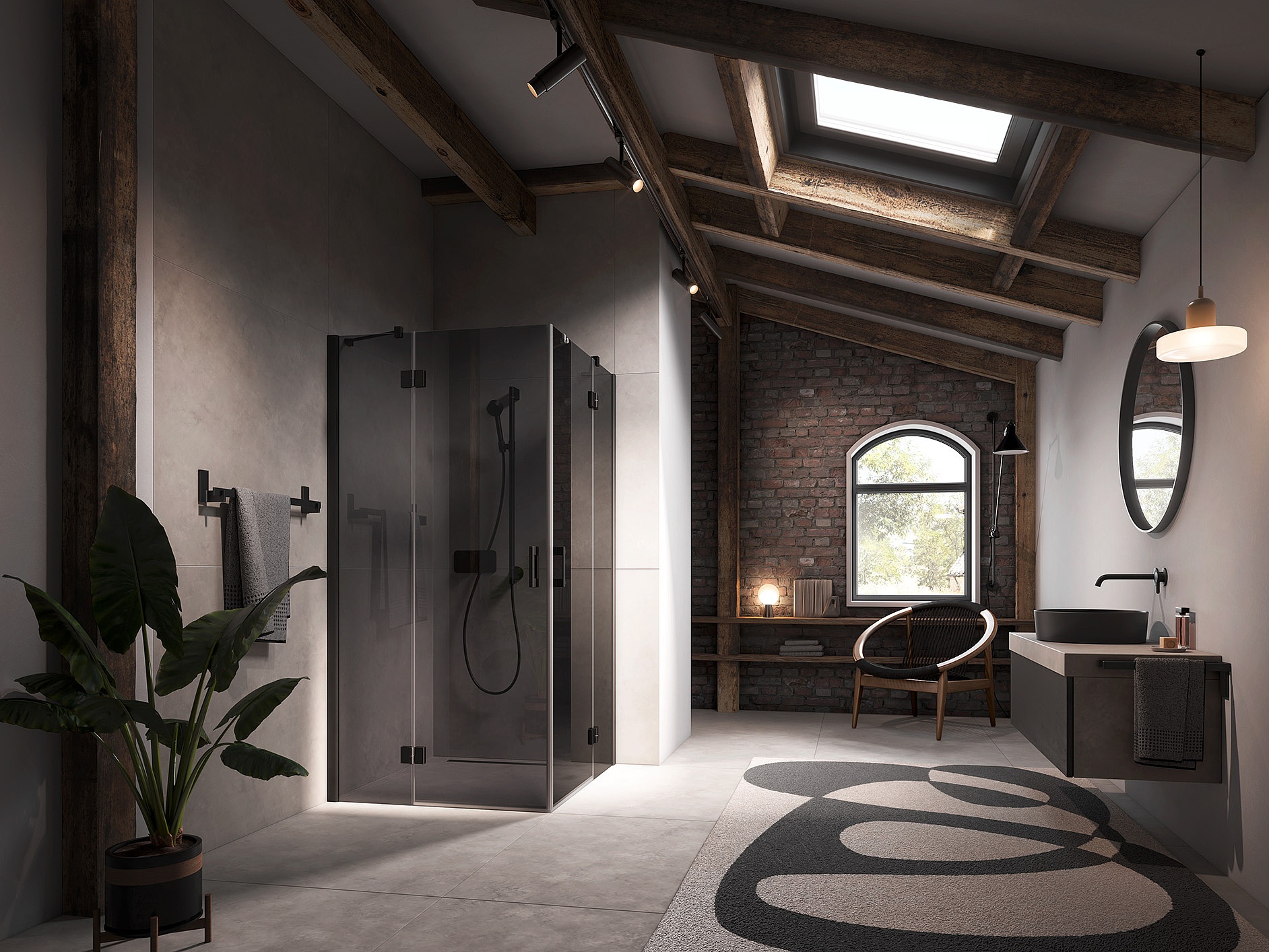 Kermi Profil-Duschkabine LIGA Eckeinstieg 2-teilig (Schwingtüren mit Festfeldern) mit Wandprofil in Schwarz Soft und Farbglas Grau über EXTRA