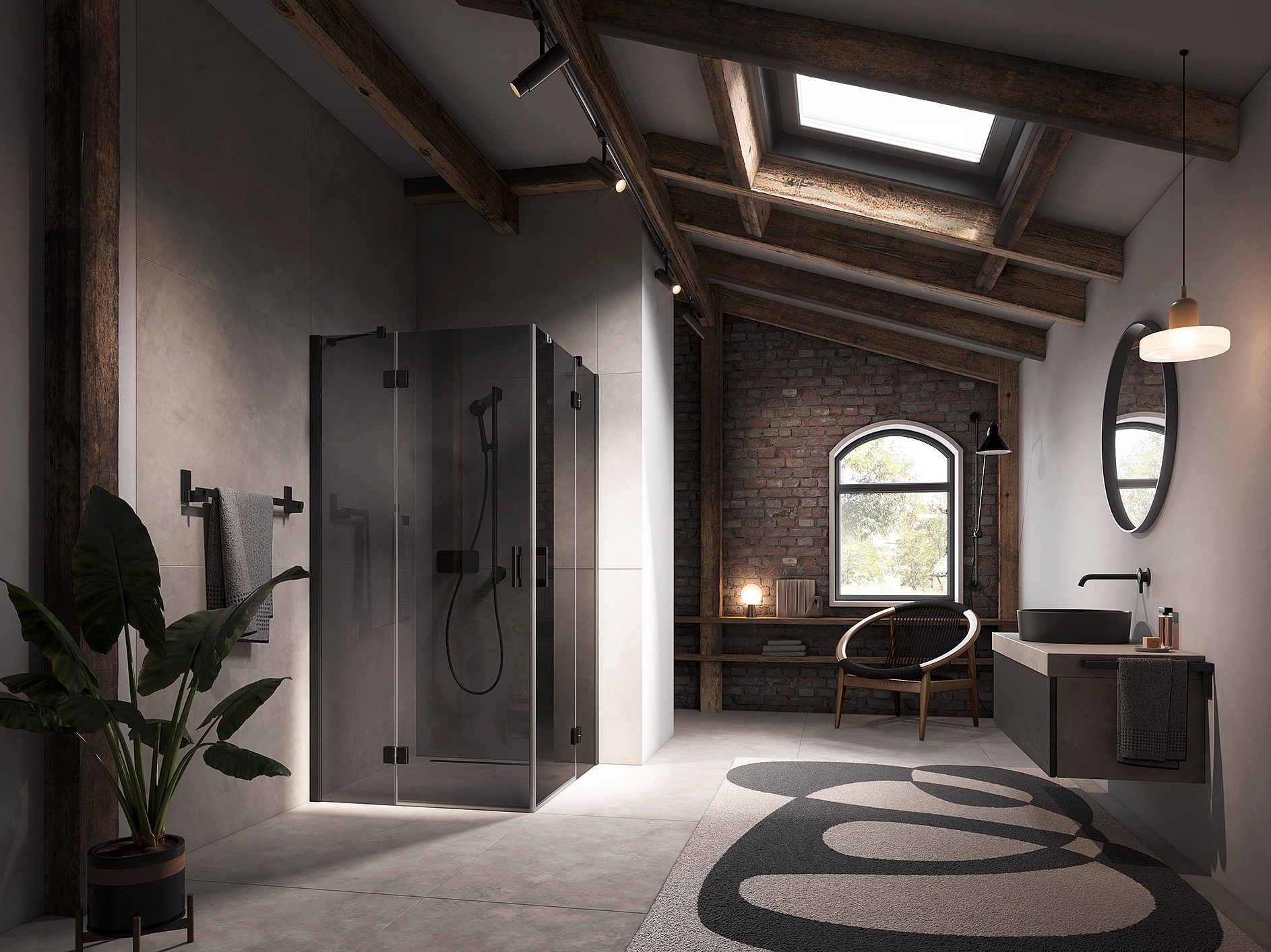 Paroi de douche à profilé Kermi avec accès d’angle LIGA en 2 parties (portes pivotantes avec éléments fixes) avec profilé mural en Noir soft et verre teinté gris par EXTRA