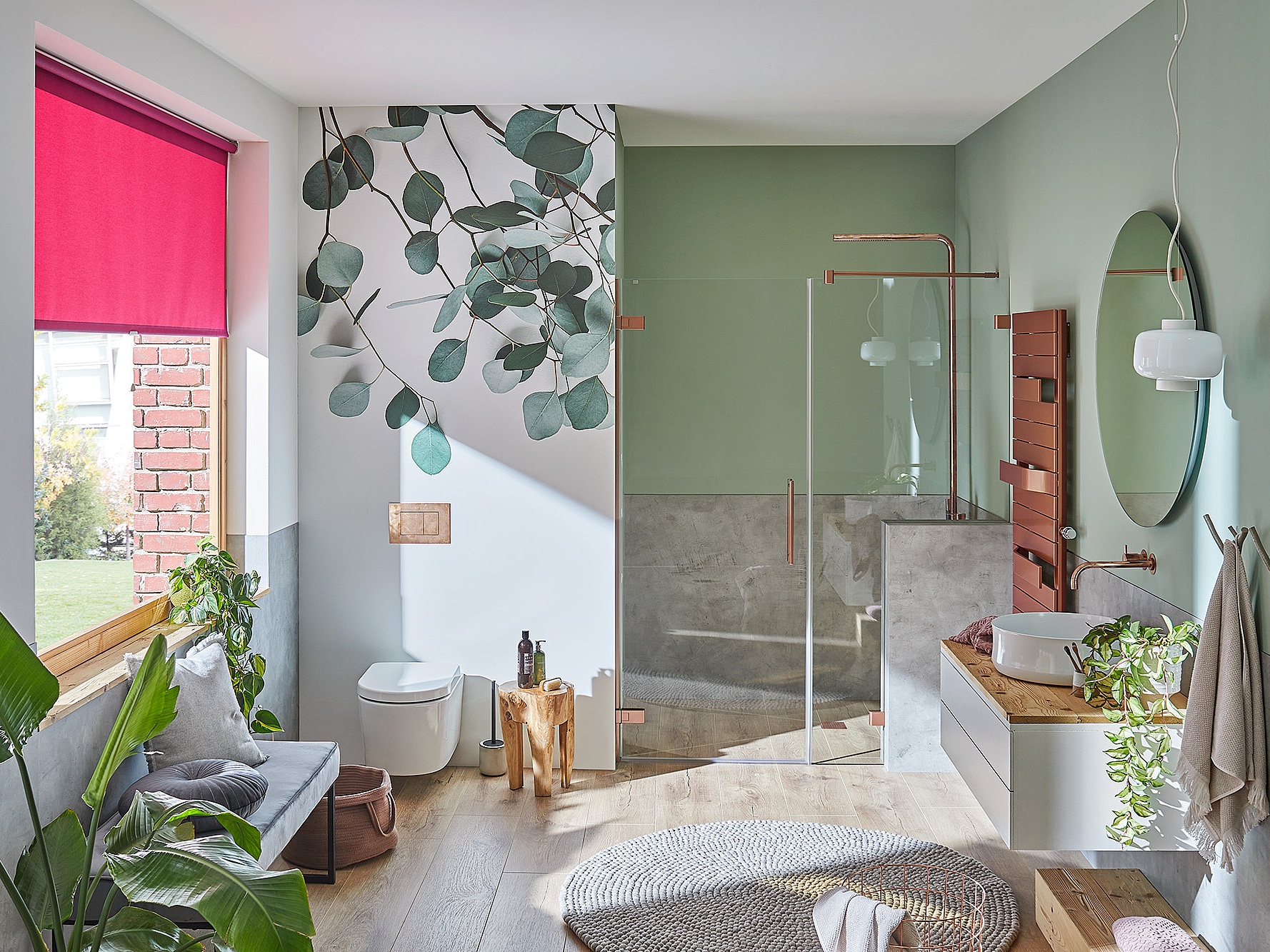 Kermi hinged shower enclosure MENA single-panel hinged door with cut-out on cladding in Classic Copper via EXTRA