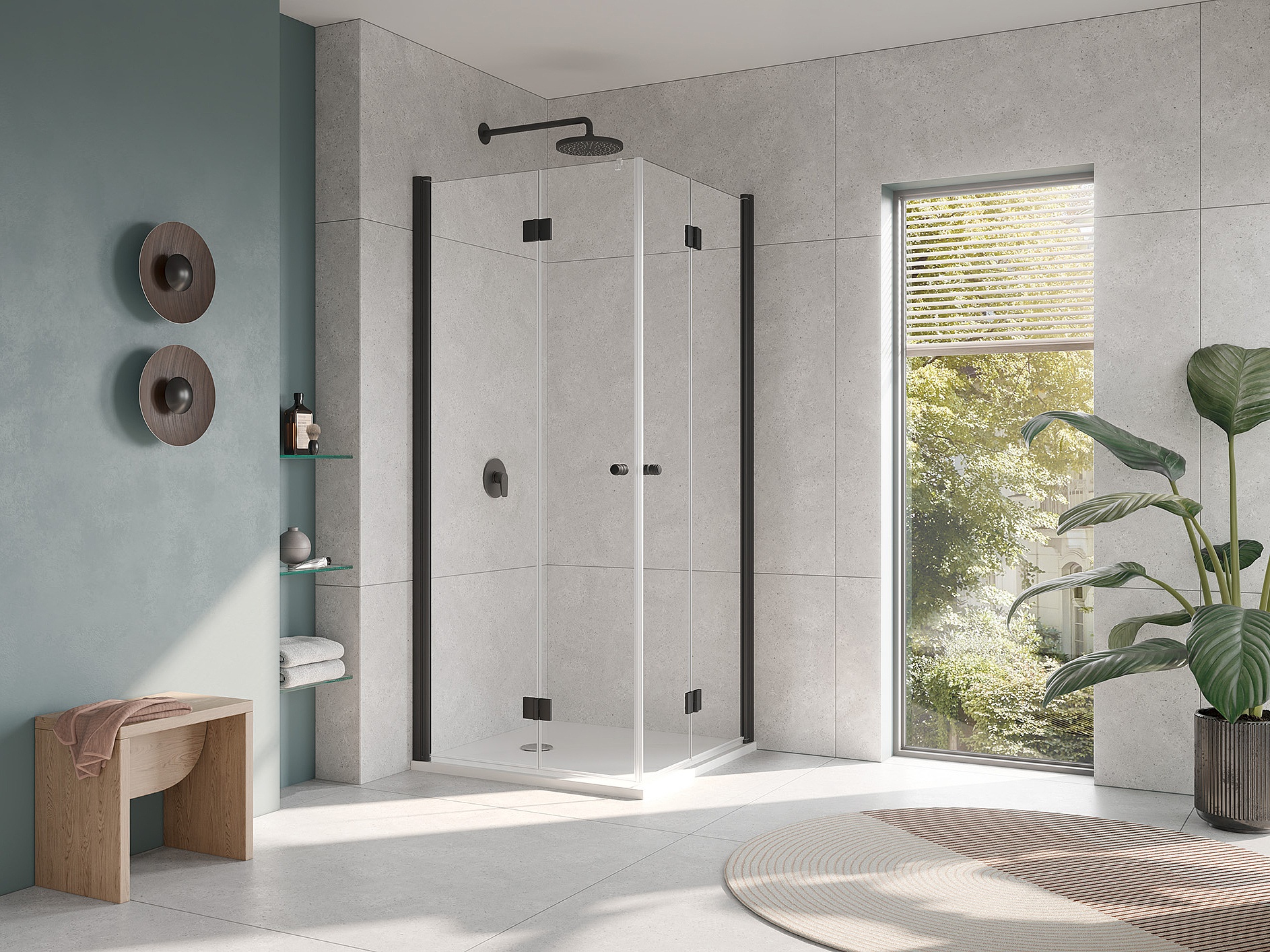 Paroi de douche à profilé Kermi avec accès d’angle JONA à 2 éléments (portes pivotantes repliables) noir