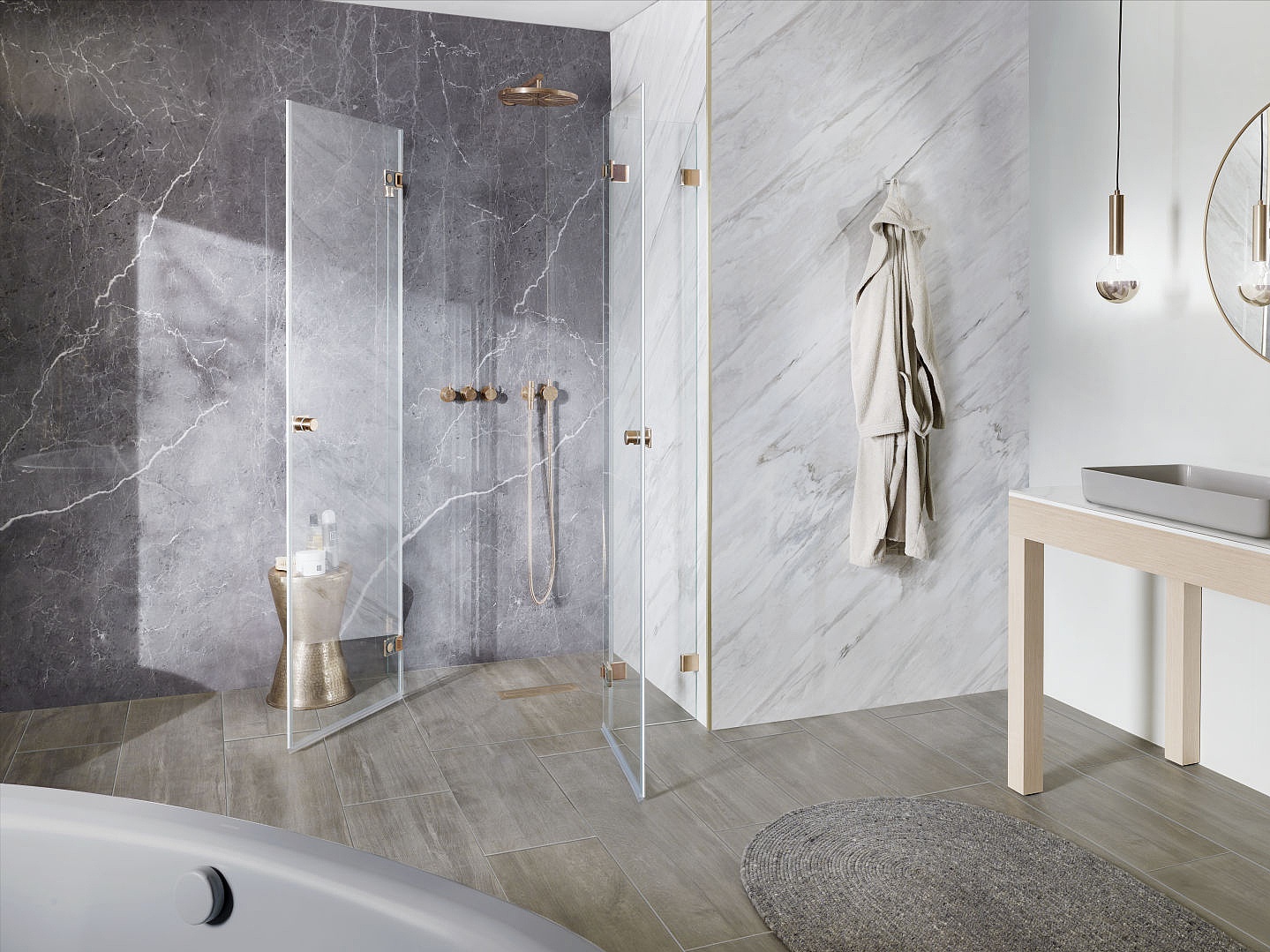 Kermi hinged shower enclosure MENA two-part corner entry (two-part hinged doors with fixed panels) with wall hinge in Brushed Bronze