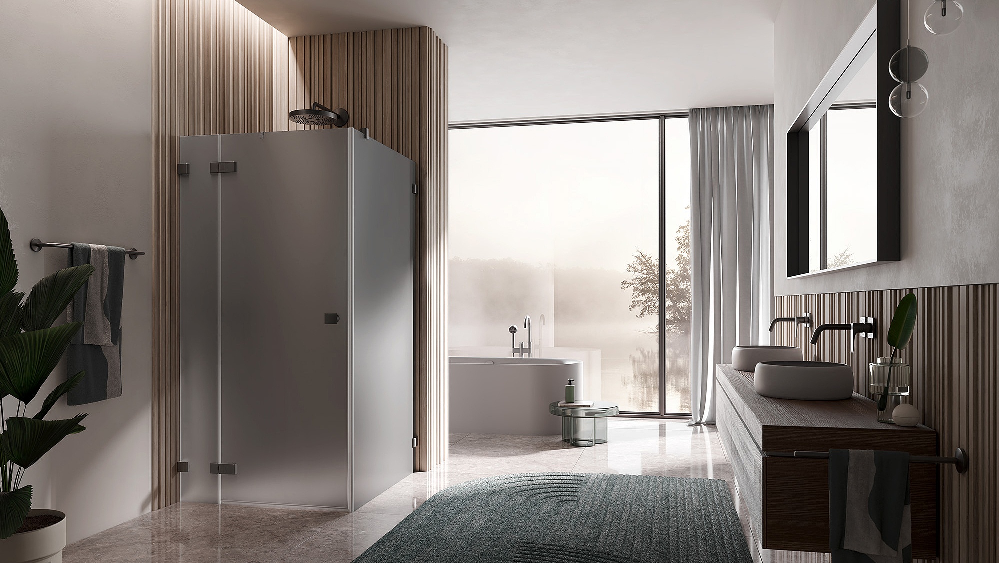 Paroi de douche à charnières Kermi avec porte pivotante à 1 battant MENA avec élément fixe avec charnière murale en combinaison avec paroi fixe et charnière murale en Brushed Black Chrome et verre teinté Gris mat par EXTRA