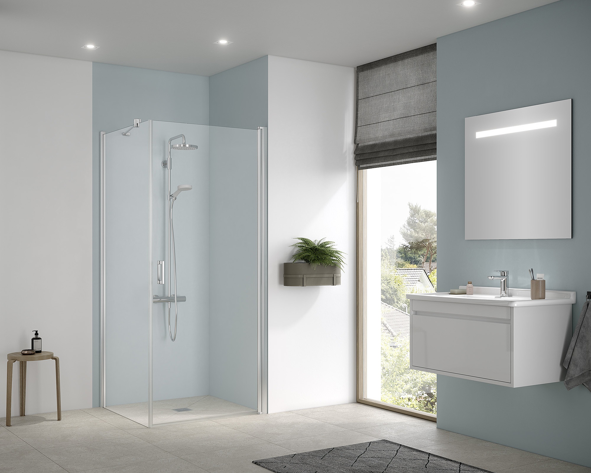 Kermi profiel-douchescherm CADA XS draaideur naar binnen en buiten te openen en zijwand