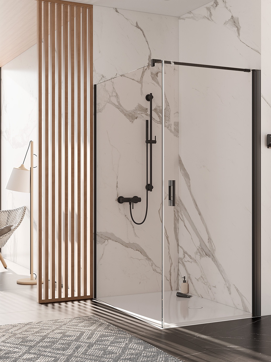 Parois de douche profilée Kermi PEGA porte pivotante à 1 vantail en combinaison avec WALK-IN XB Wall Noir Soft