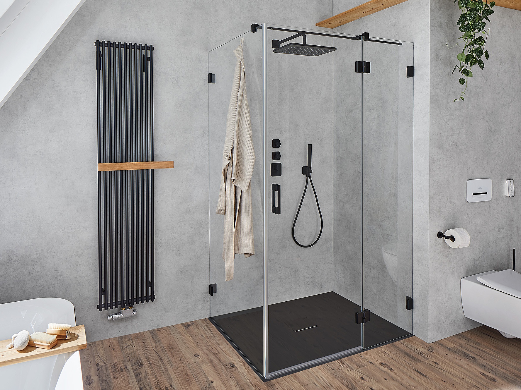 Paroi de douche à charnières Kermi avec porte pivotante LIGA et élément fixe à charnière murale en noir