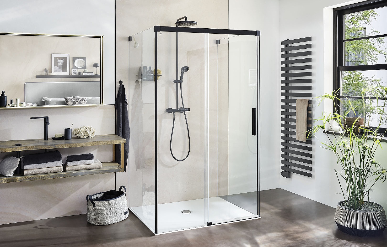 Kermi Duschkabine NICA Gleittür 2-teilig bodenfrei als U-Kabine ohne Wandprofil in Schwarz Soft