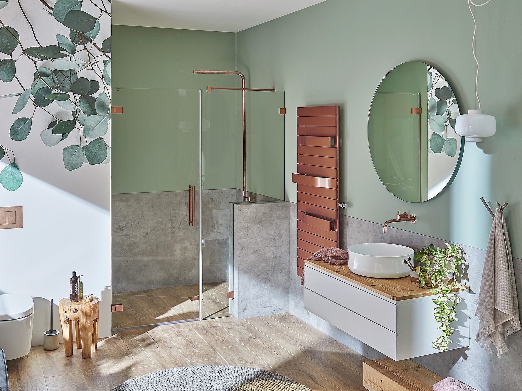 Kermi hinged shower enclosure MENA single-panel hinged door and fixed panel with cut-out on cladding in Classic Copper finish via EXTRA