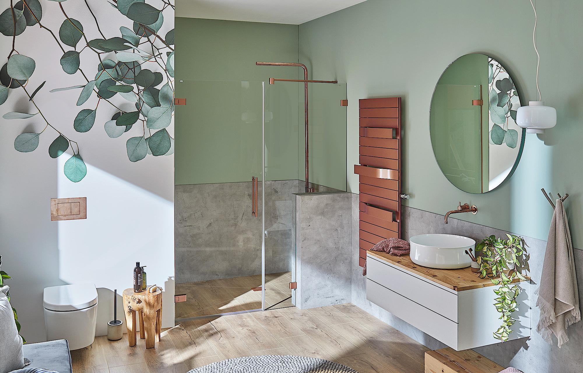 Kermi hinged shower enclosure MENA single-panel hinged door and fixed panel with cut-out on cladding in Classic Copper finish via EXTRA