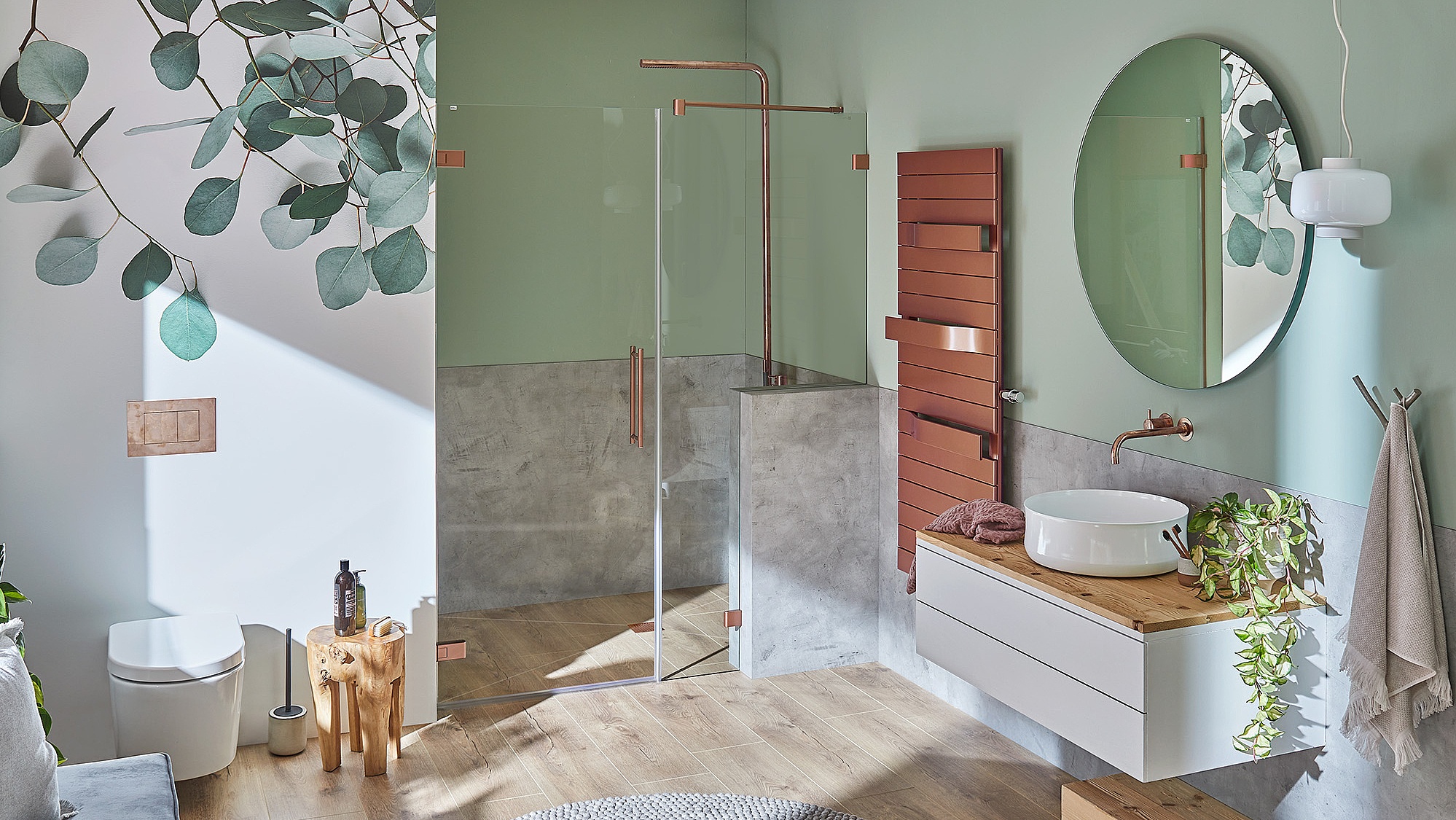 Kermi beslag-douchescherm MENA draaideur naar binnen en buiten te openen met vast segment met uitsnijding aan de vooruitstekende muur in Classic Copper via EXTRA