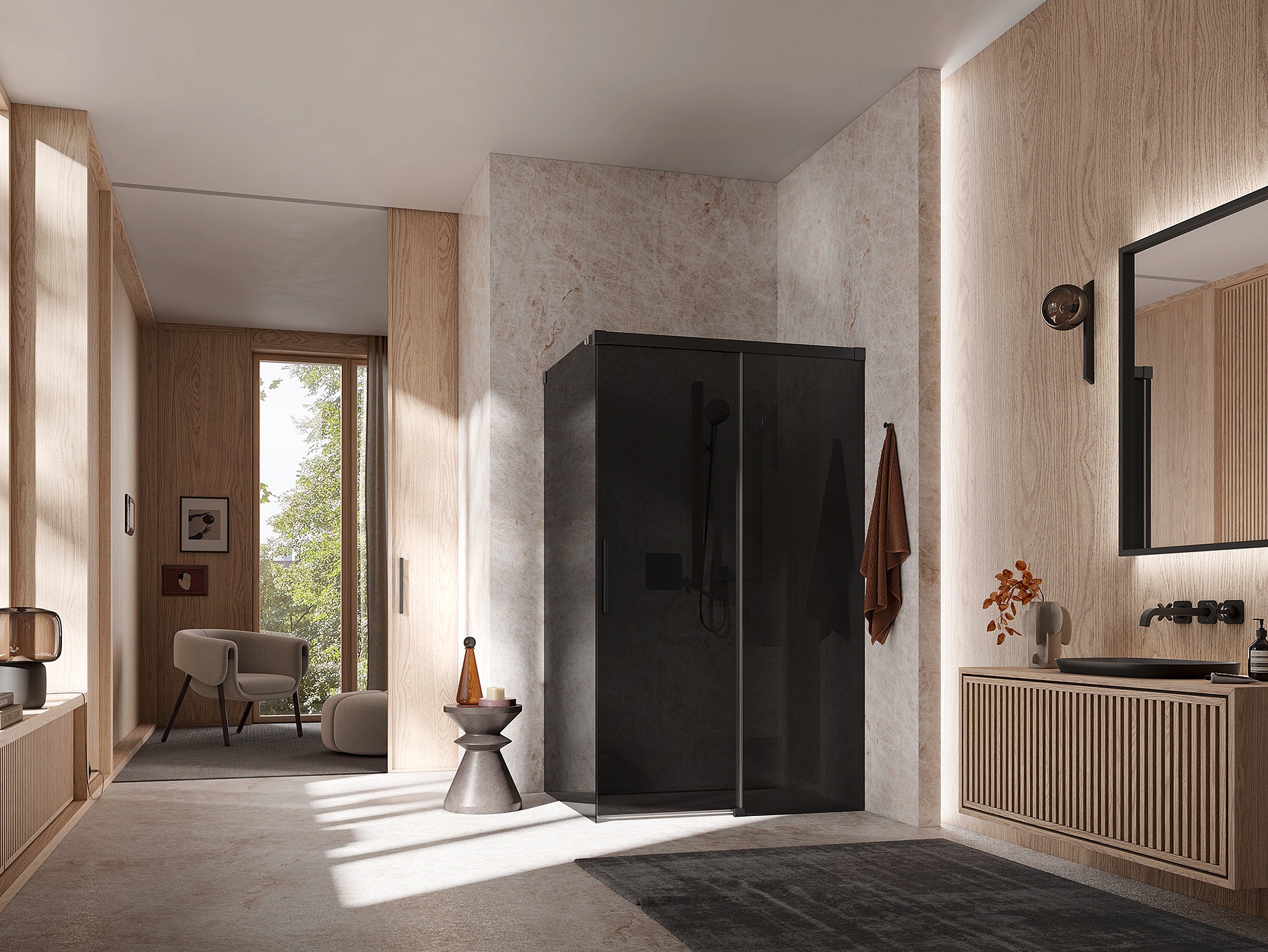 Paroi de douche a profilé Kermi avec porte coulissante NICA en 2 parties avec surface au sol libre, élément fixe sans profilé mural en combinaison avec paroi fixe sans profilé mural en Noir soft et verre teinté Gris foncé par EXTRA