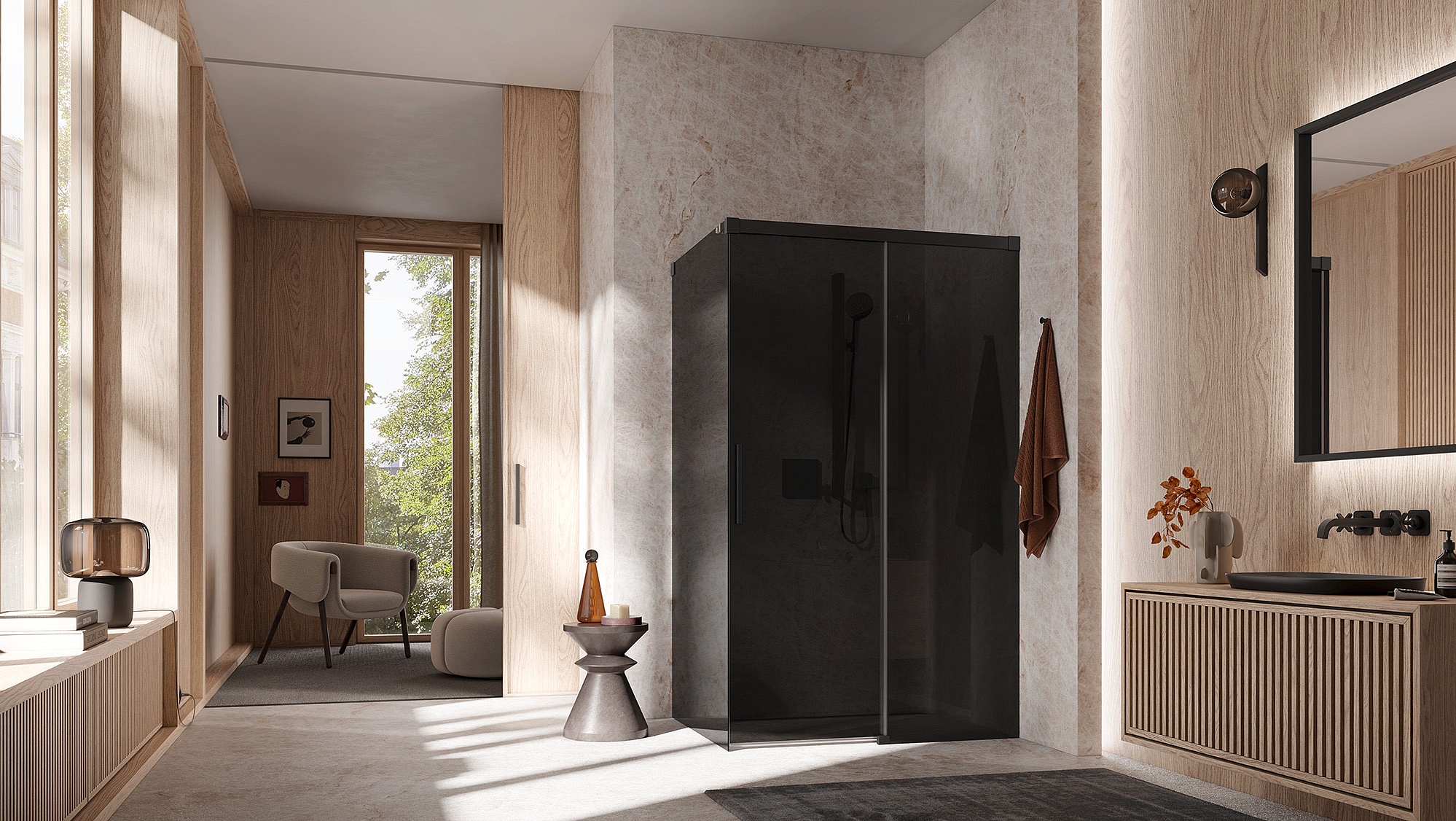 Paroi de douche a profilé Kermi avec porte coulissante NICA en 2 parties avec surface au sol libre, élément fixe sans profilé mural en combinaison avec paroi fixe sans profilé mural en Noir soft et verre teinté Gris foncé par EXTRA