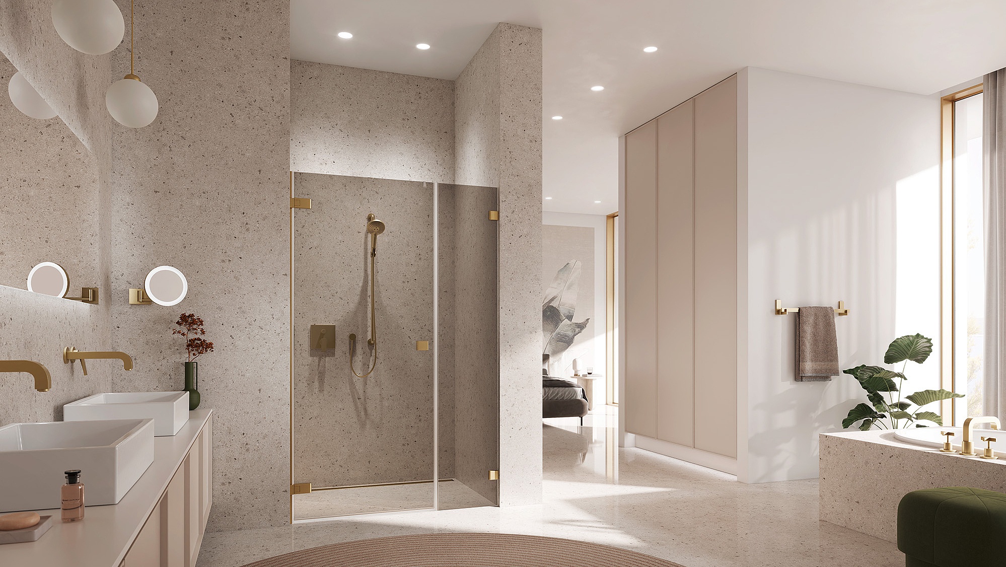 Paroi de douche à charnières Kermi avec porte pivotante MENA à 1 battant et élément fixe avec charnière murale en Brushed Gold et verre teinté Bronze par EXTRA