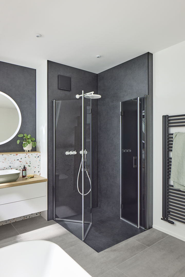 Profile shower enclosure LIGA 2-part corner entry in Soft Black with Grey single panel safety colored glass 