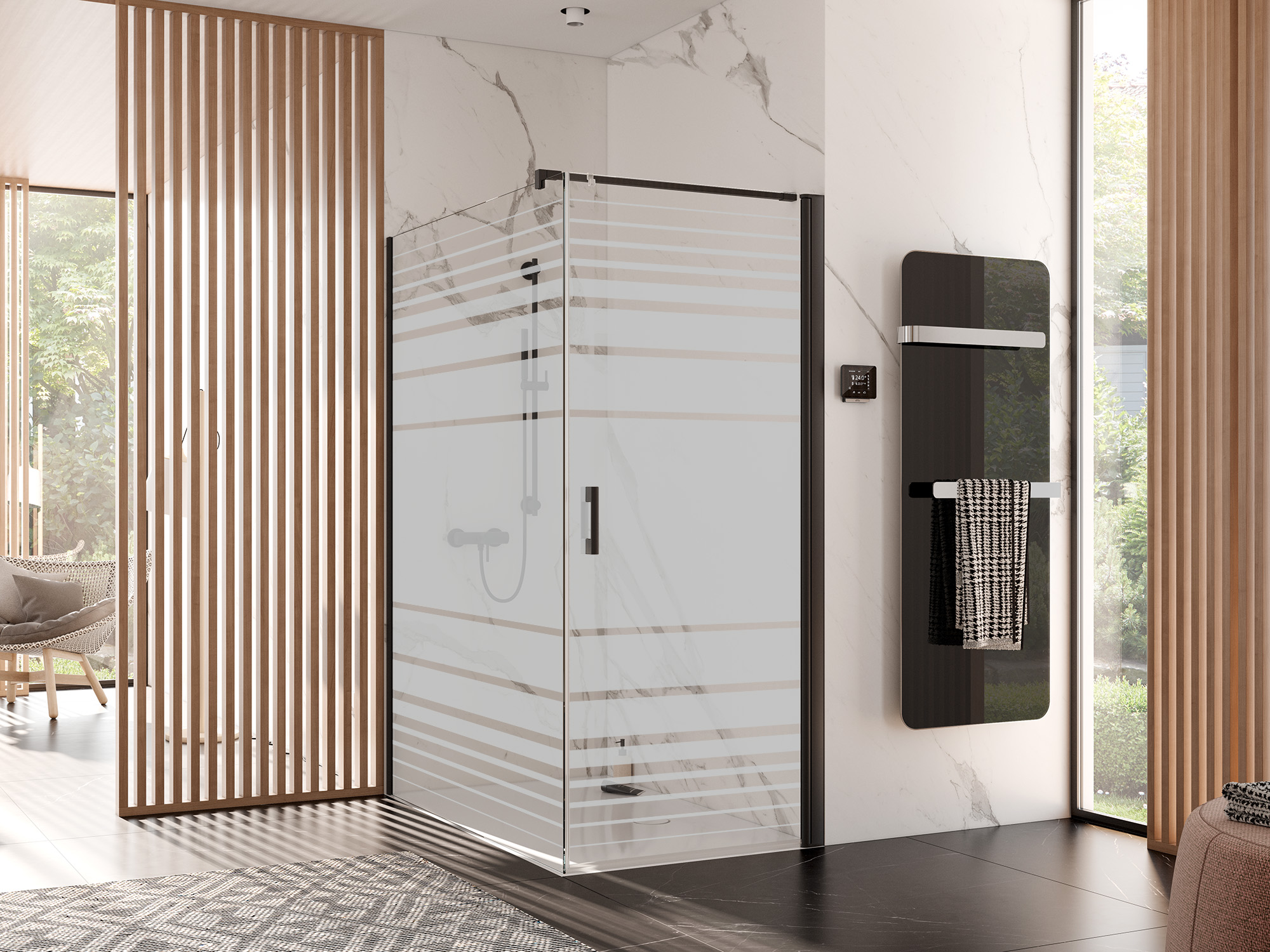 Kermi Walk-In-Duschkabine WALK-IN XB nachträglich mit PEGA-Tür verschlossen in Schwarz Soft mit Dekor Line Pure 1