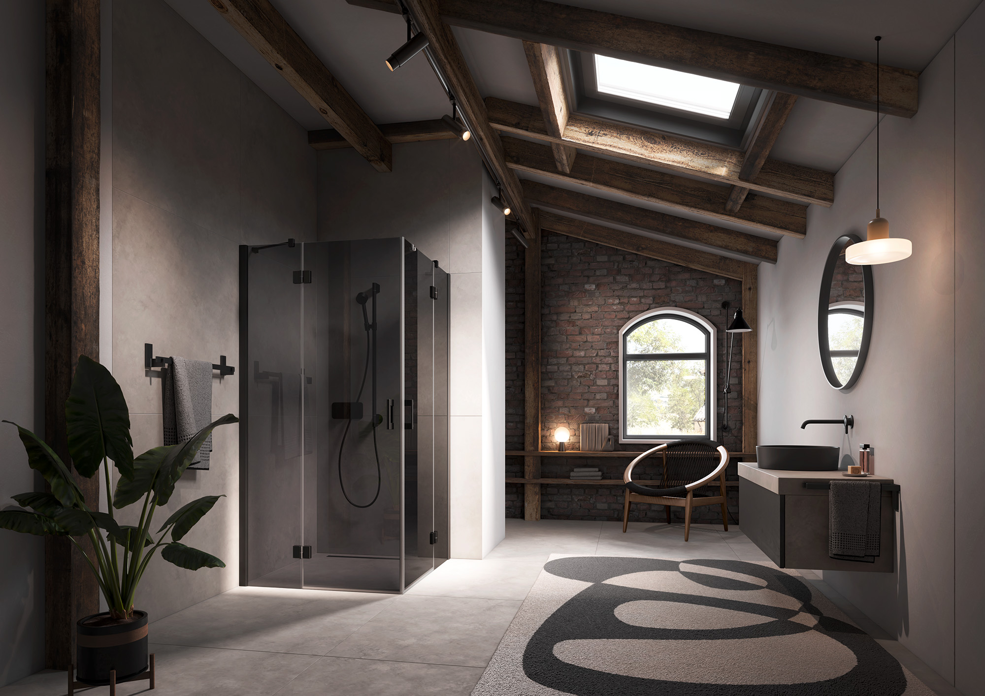 Paroi de douche à profilé Kermi avec accès d’angle LIGA en 2 parties (portes pivotantes avec éléments fixes) avec profilé mural en Noir soft et verre teinté gris par EXTRA