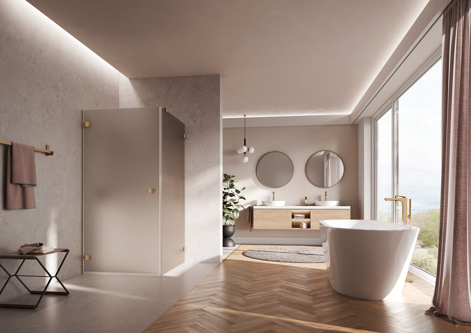 Paroi de douche à charnières Kermi avec porte pivotante MENA à 1 battant avec élément fixe et charnière murale en Brushed Bronze et verre teinté Bronze mat par EXTRA