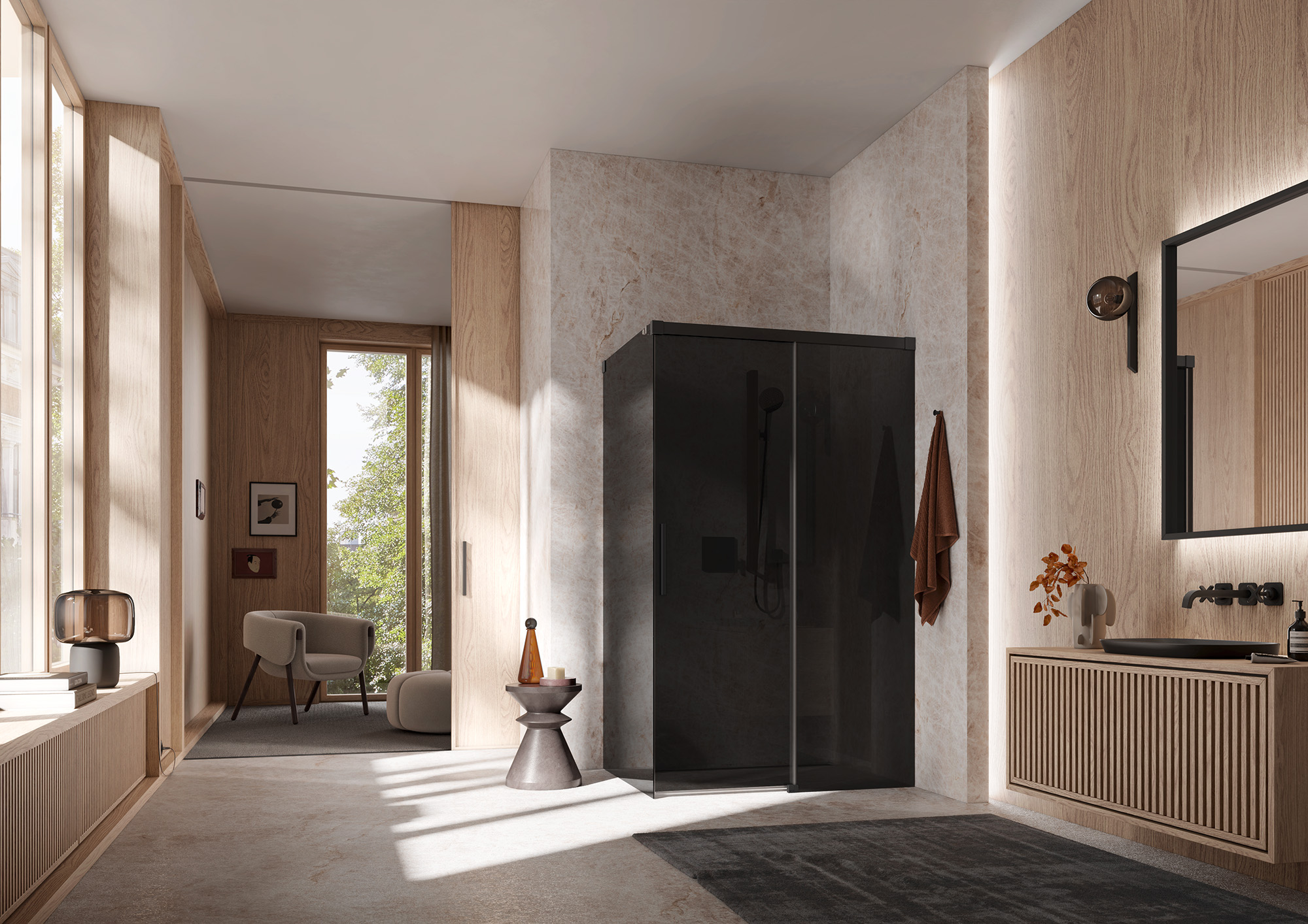 Paroi de douche a profilé Kermi avec porte coulissante NICA en 2 parties avec surface au sol libre, élément fixe sans profilé mural en combinaison avec paroi fixe sans profilé mural en Noir soft et verre teinté Gris foncé par EXTRA