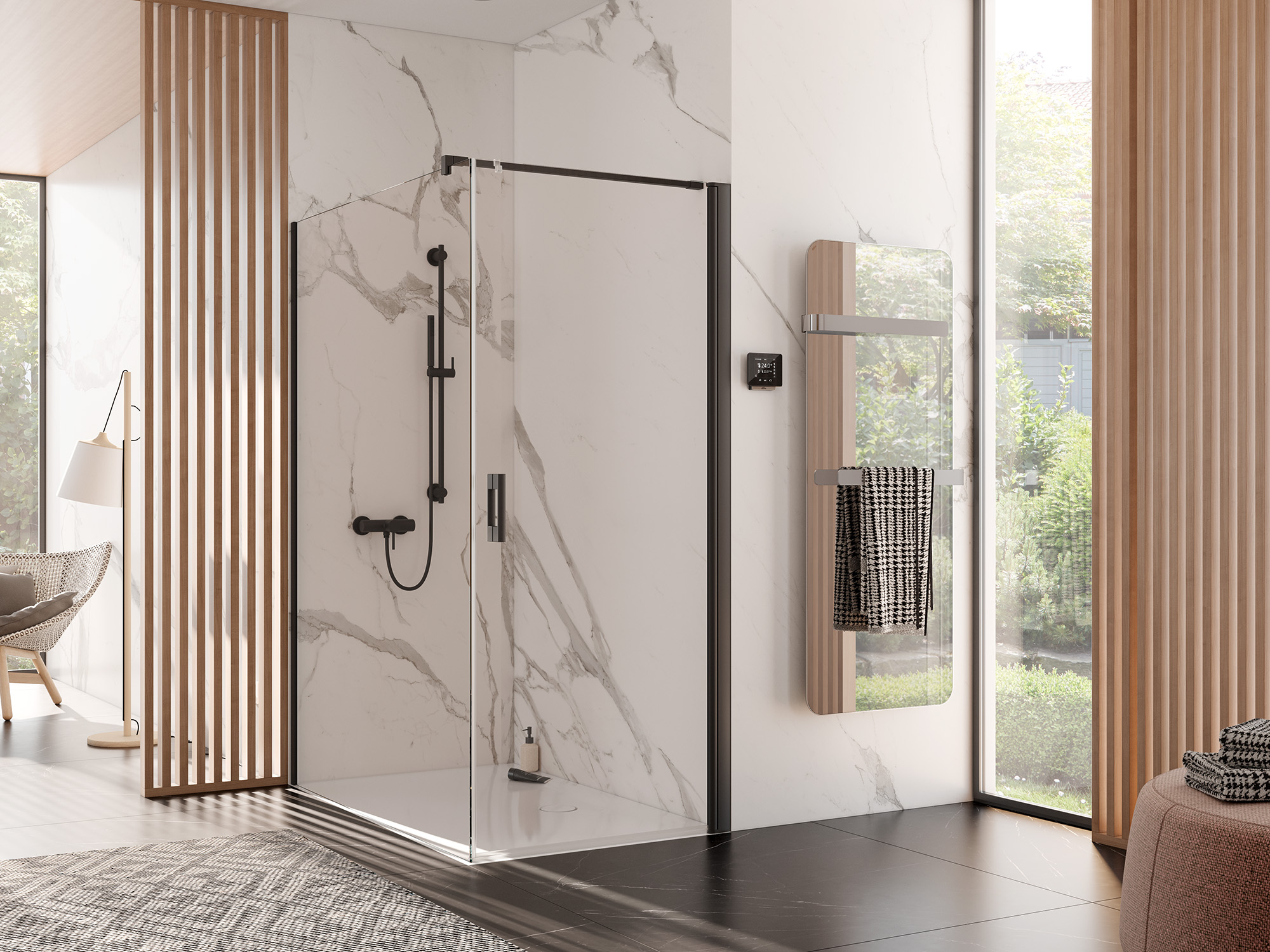 Kermi paroi de douche à profilé PEGA porte pivotante à 1 vantail en combinaison avec WALK-IN XB Wall en Noir Soft